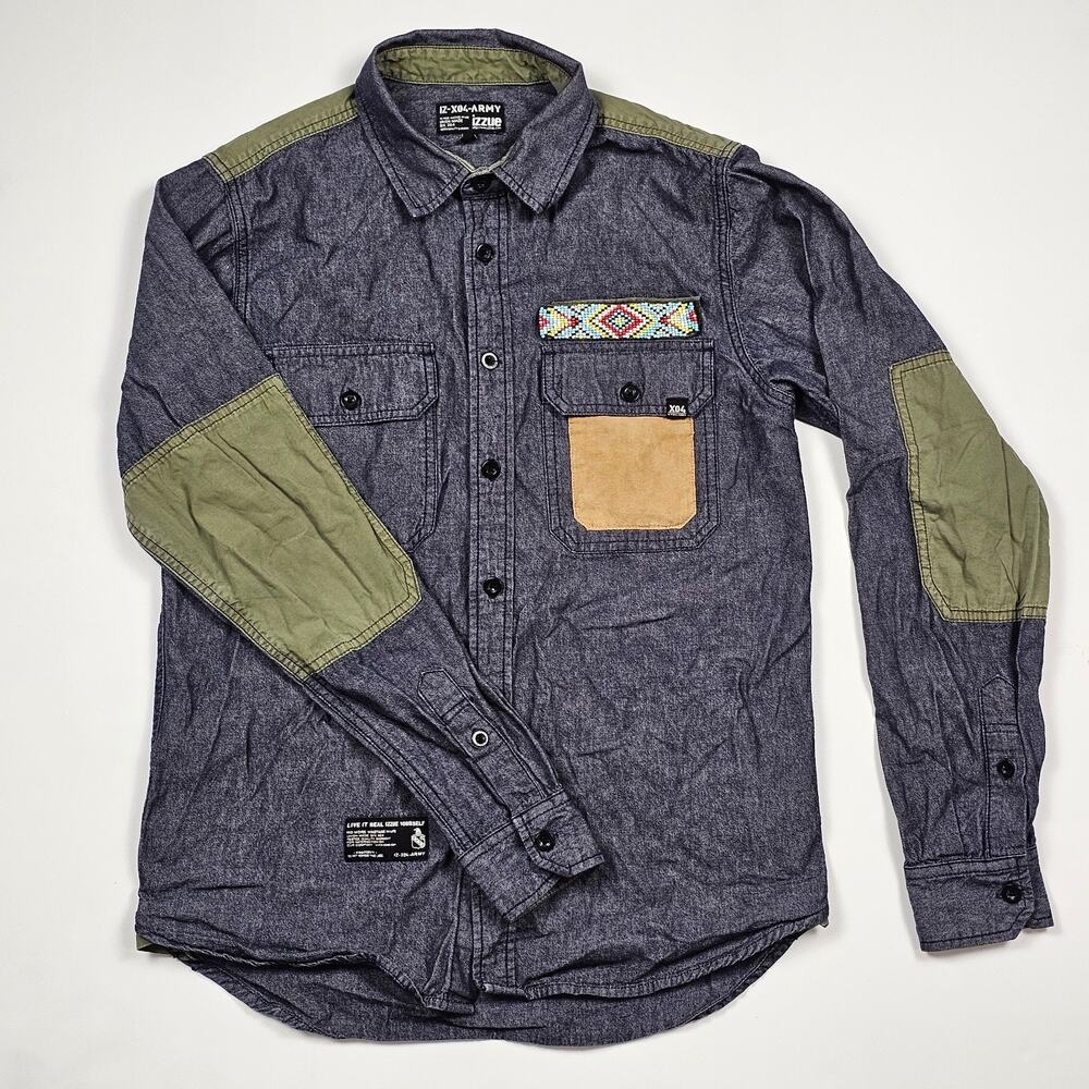 IZZUE IZ-X04-ARMY Denim Shirt Small (S) Military Patches Beaded Aztec Union Made